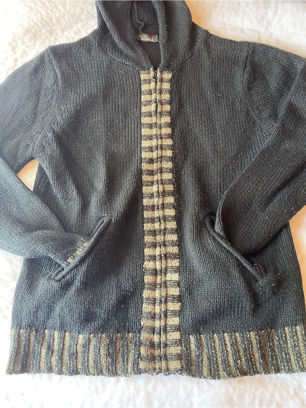 Zara Black Hooded Cardigan with Beige Striped Trim